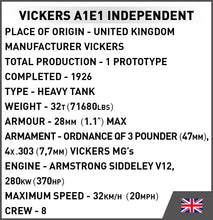 Load image into Gallery viewer, Vickers A1E1 Independent WW1 tank - COBI 2990 - 887 bricks
